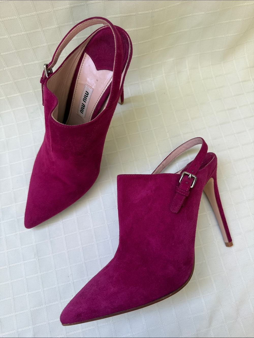 Miu Miu Magenta Suede Pointed-Toe Slingback Heels with Dust Bag